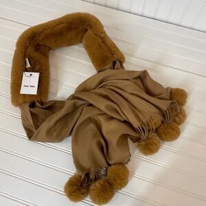 NWT Alex Max Womens Camel Pom Pom Trim Faux Fur Scarf